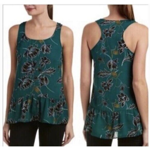 CAbi Falling Flowers Green & Black peplum tank Size Small Sleeveless Blouse Thin - Picture 1 of 10